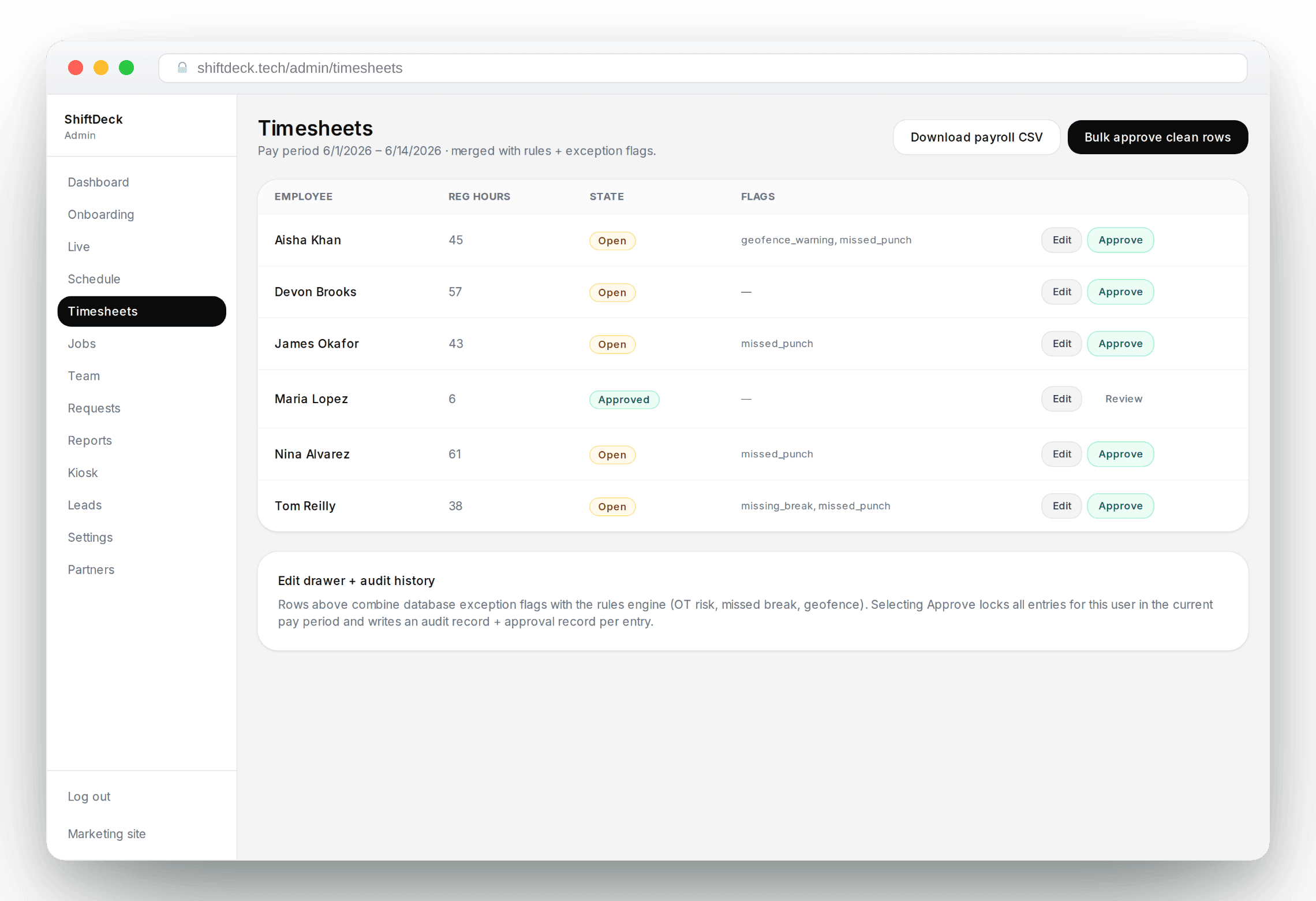 ShiftDeck timesheets in a web browser