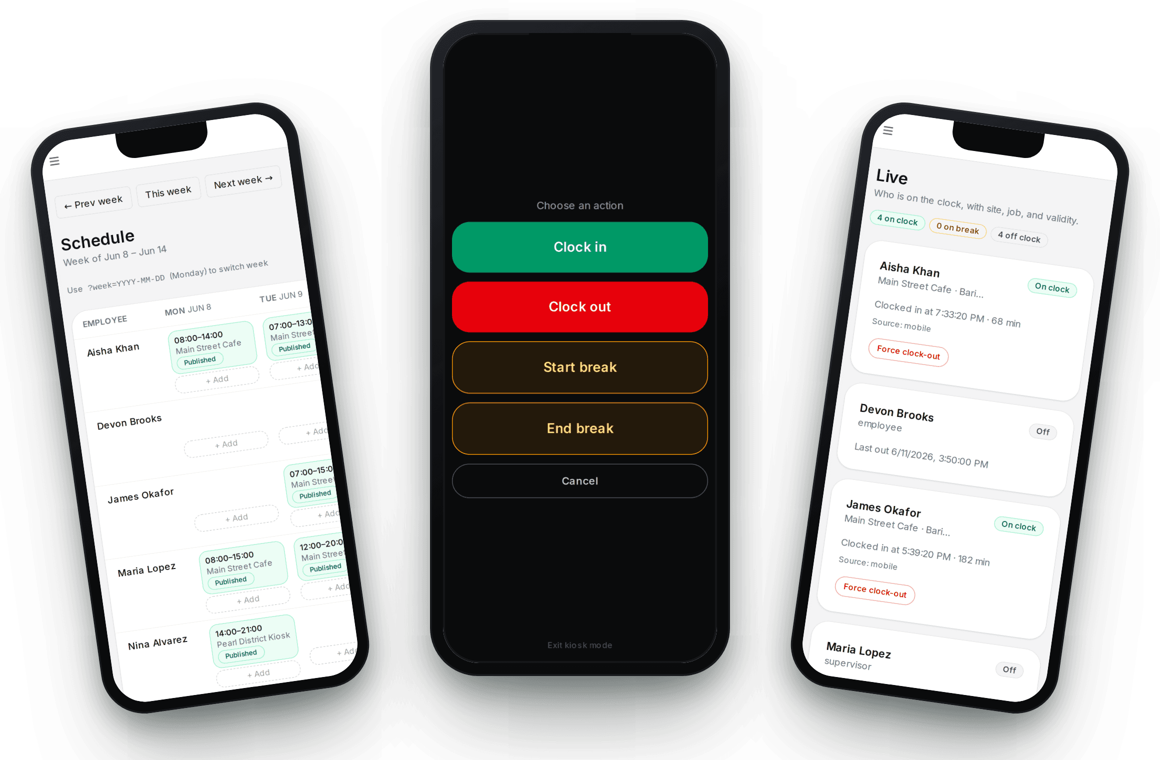 ShiftDeck kiosk and live crew board on phones